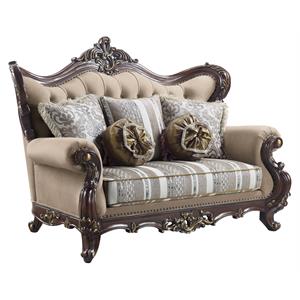 Bowery Hill Loveseat with 5 Pillows in Light Brown Fabric and Cherry Wood