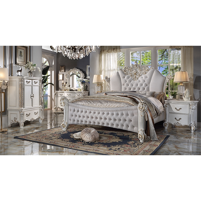 Bowery Hill Queen Bed in Two Tone Ivory Fabric with Button-Tufted Panels