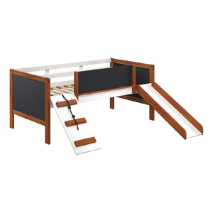 Bowery Hill Twin Loft Bed with Slide and Chalkboard in Cherry Oak & White