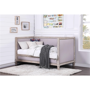 Bowery Hill Twin Wooden Daybed in Weathered Oak Finish with Cream Linen