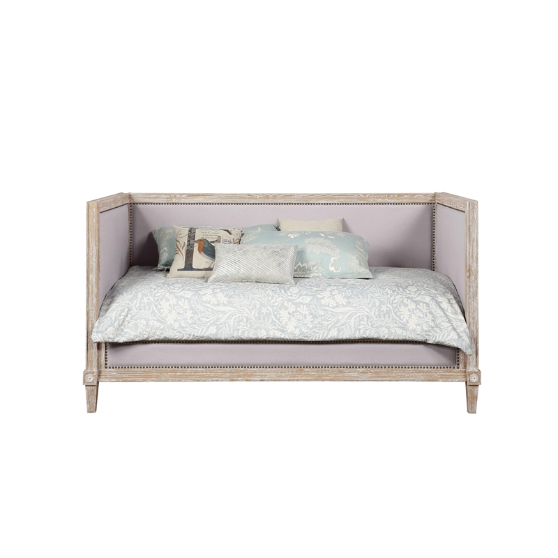 Bowery Hill Twin Wooden Daybed in Weathered Oak Finish with Cream Linen