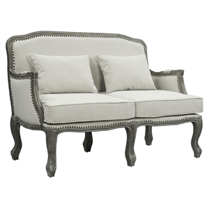 Bowery Hill Linen Loveseat with Scalloped Pine Frame in Cream and Brown