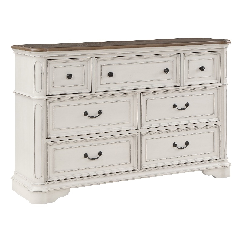 Bowery Hill 7-Drawer Wooden Dresser in Oak and Antique White Finish