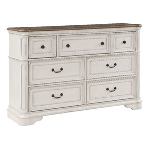 Bowery Hill 7-Drawer Wooden Dresser in Oak and Antique White Finish