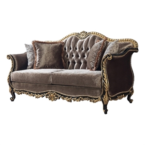 Bowery Hill Velvet Tufted Loveseat in Green Brown with Black and Gold