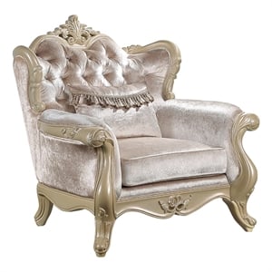 Bowery Hill Beige Upholstered Pine Chair with Accent Pillow and Tufting