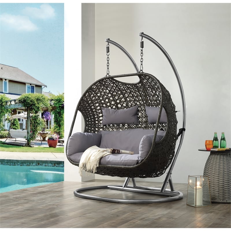 Bowery Hill Hanging Patio Chair with Stand Synthetic Wicker Gray Finish