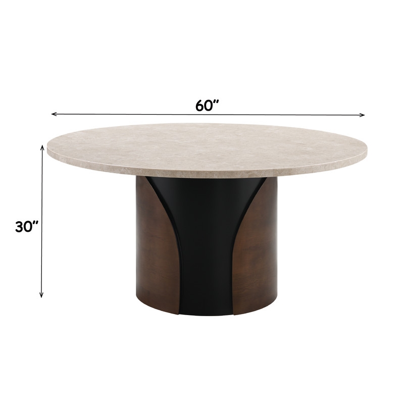 Bowery Hill Round Dining Table with Marble Top and Walnut Pedestal Base