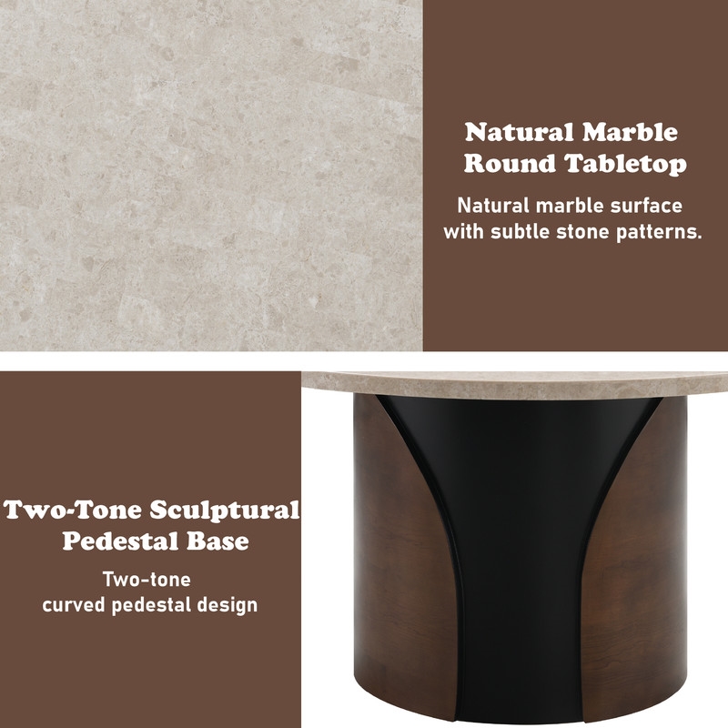 Bowery Hill Round Dining Table with Marble Top and Walnut Pedestal Base