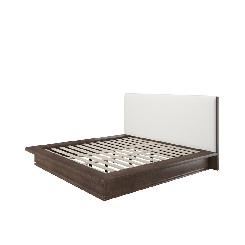 Bowery Hill Eastern King Bed with Linen Headboard in Cream and Brown Oak