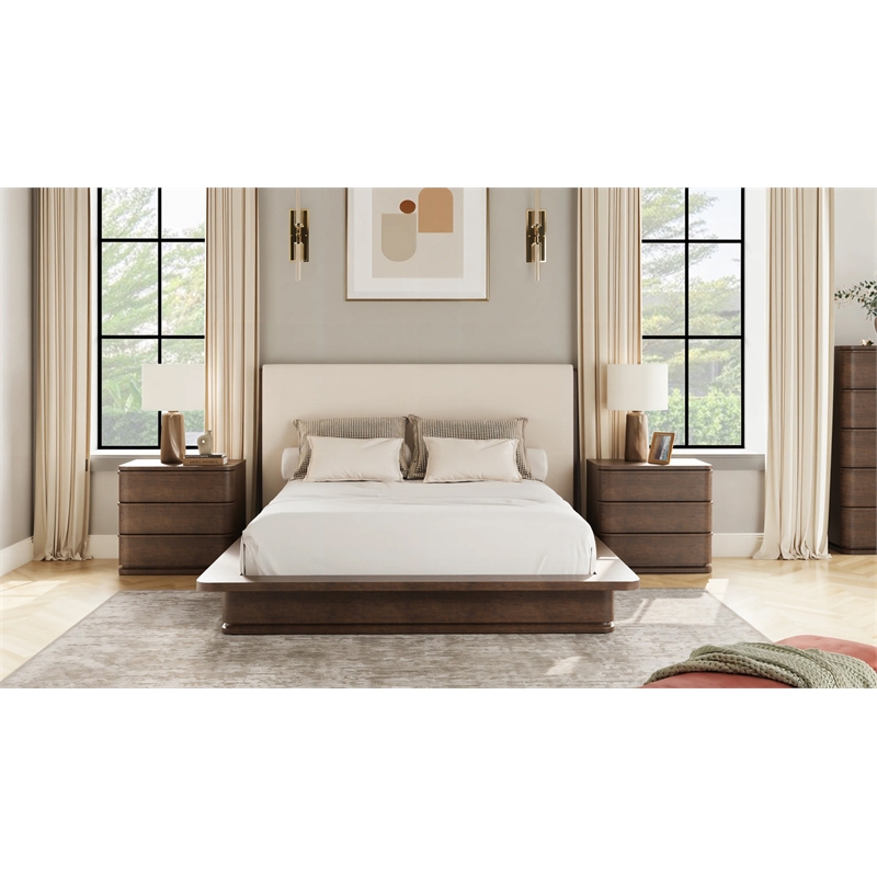 Bowery Hill Eastern King Bed with Linen Headboard in Cream and Brown Oak