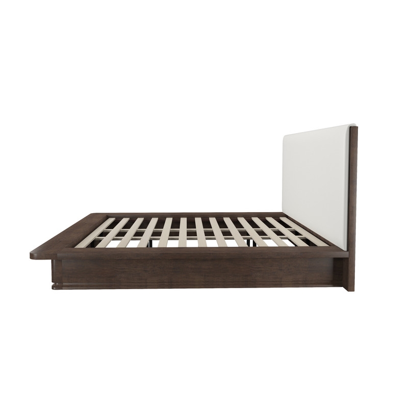 Bowery Hill Queen Bed with Linen Headboard in Cream and Brown Oak Frame