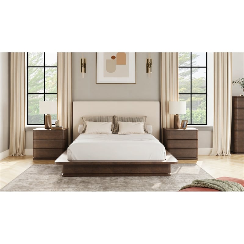 Bowery Hill Queen Bed with Linen Headboard in Cream and Brown Oak Frame