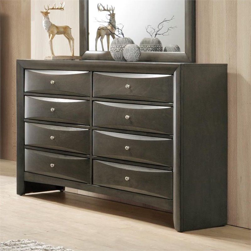 Bowery Hill 8 Drawer Dresser in Metal and Gray Oak with Nickel Knobs