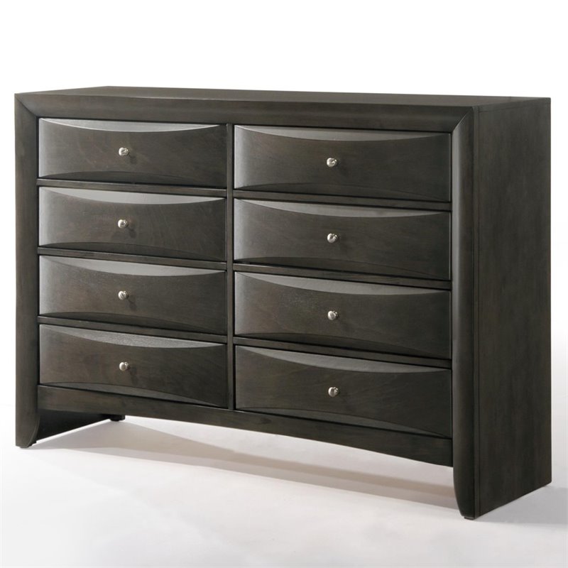 Bowery Hill 8 Drawer Dresser in Metal and Gray Oak with Nickel Knobs