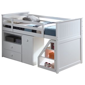Bowery Hill White Wood Loft Bed with Chest Desk and Storage Ladder