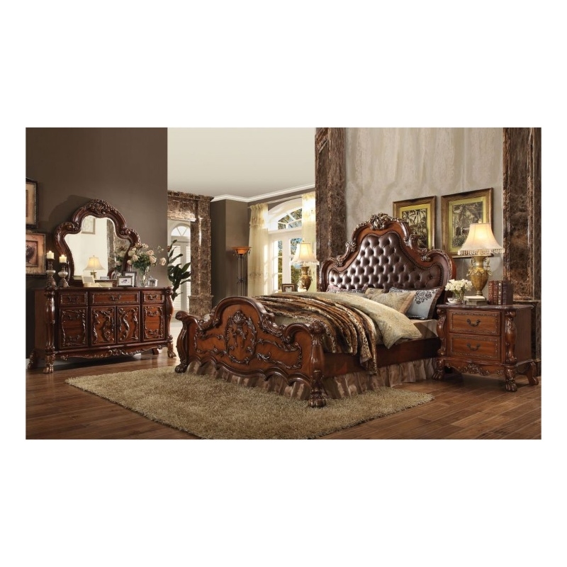 Bowery Hill Eastern King Panel Bed in Synthetic Leather & Cherry Oak