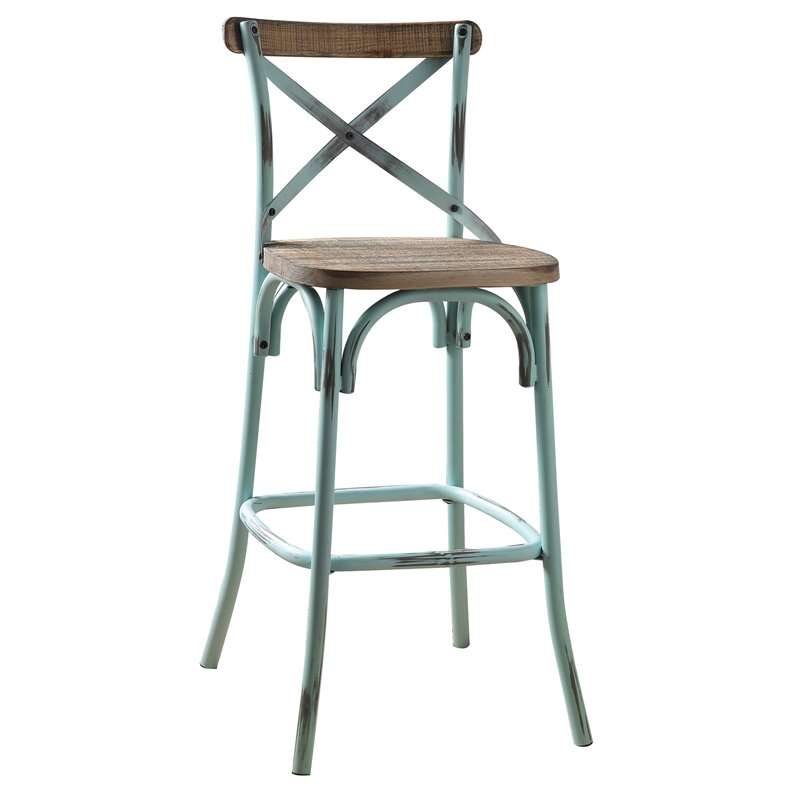 Bowery Hill Armless Bar Stool with Wooden Seat in Sky and Oak Steel Frame