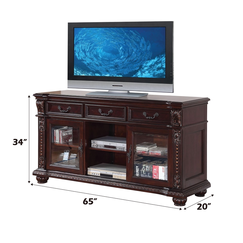 Bowery Hill Wooden TV Stand with 3 Drawers and Glass Doors in Cherry