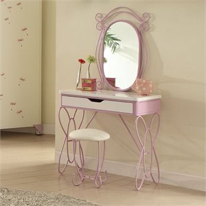 Bowery Hill Metal Tube Vanity Set in White and Light Purple with Bench