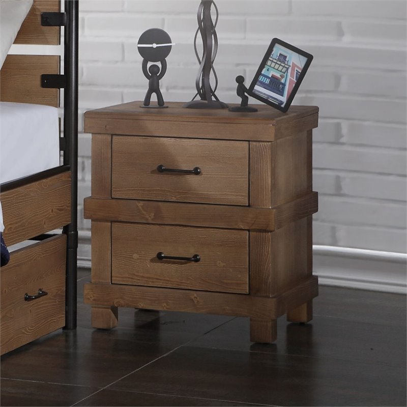 Bowery Hill Wood Nightstand with 2 Drawers in Antique Oak and Metal Handles