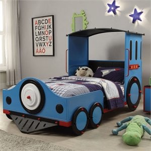 Bowery Hill Train Twin Bed with Metal Frame in Blue/Red and Black