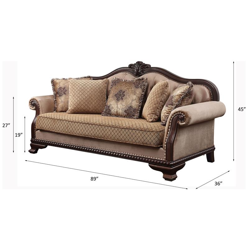 Bowery Hill Fabric Tufted Sofa with 5 Pillows in Espresso Finish