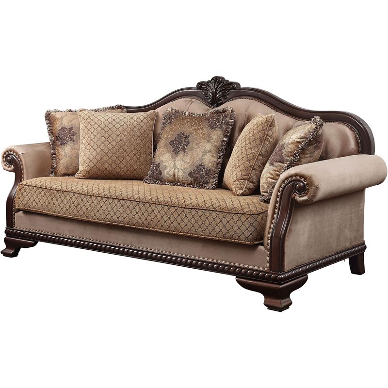 Bowery Hill Fabric Tufted Sofa with 5 Pillows in Espresso Finish