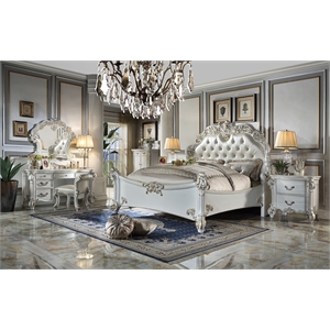 Bowery Hill Leather Upholstered Tufted Queen Bed in Cream and Antique Pearl