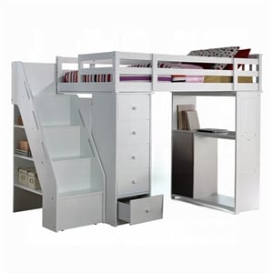 Bowery Hill Solid Wood Loft Bed in White with Bookcase Ladder Storage