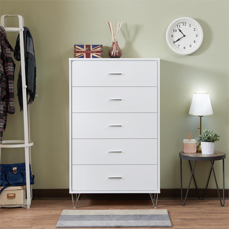 Bowery Hill Rectangular 5-Drawer Chest with Wooden Frame in White