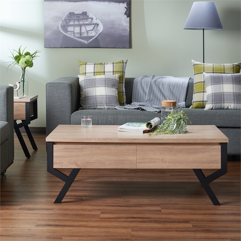 Bowery Hill Rectangular Wood & Metal Coffee Table in Natural/Black