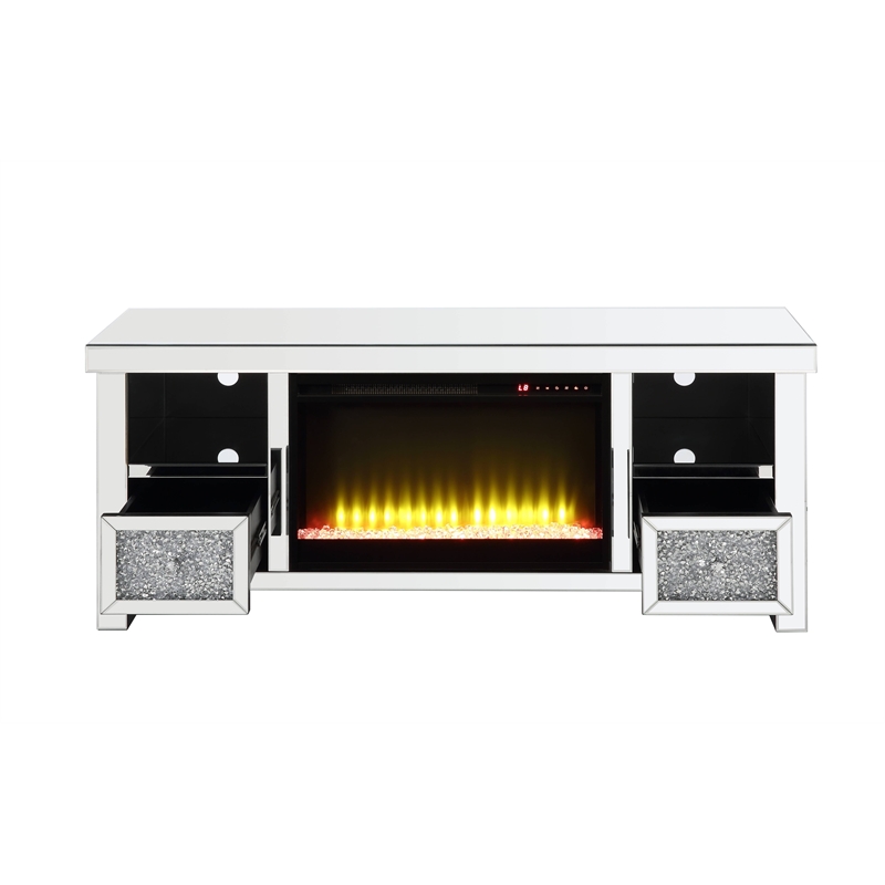 Bowery Hill Glass Fireplace TV Stand with Faux Diamonds in Mirrored Finish
