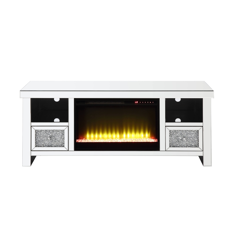 Bowery Hill Glass Fireplace TV Stand with Faux Diamonds in Mirrored Finish
