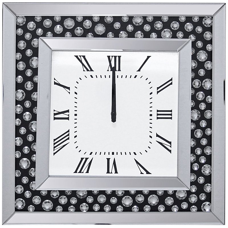 Bowery Hill Square Mirrored Wall Clock with Floating Crystals