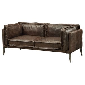 Bowery Hill Leather Loveseat with Wooden Legs in Distress Chocolate