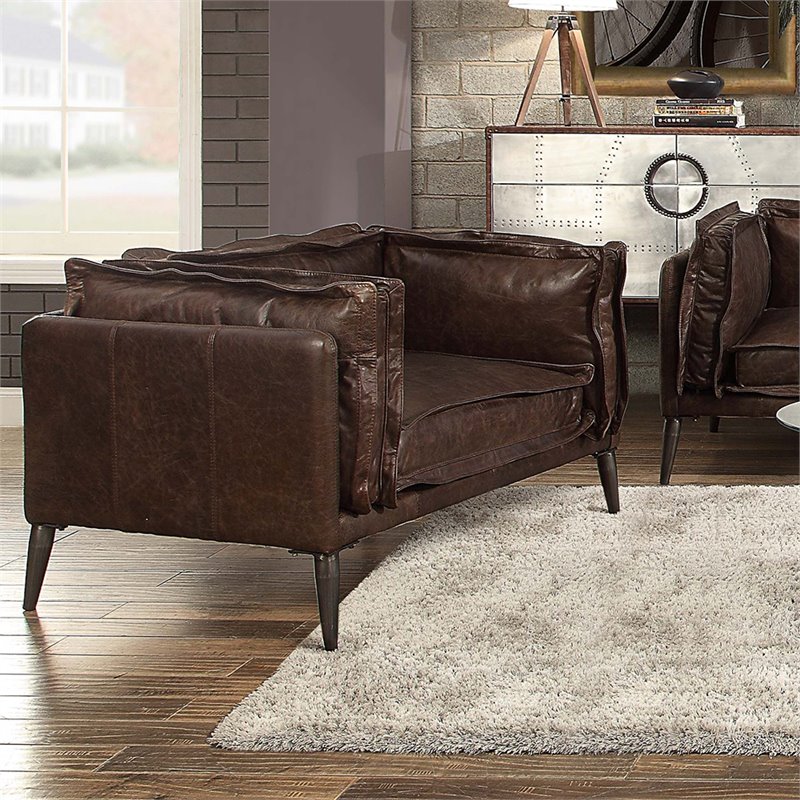 Bowery Hill Leather Accent Chair with Metal Legs in Distress Chocolate
