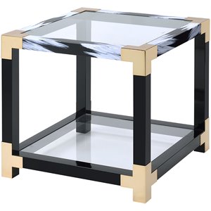 Bowery Hill Square Glass Top End Table with Storage Shelf in White Brushed