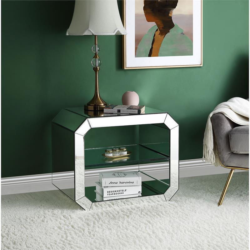 Bowery Hill Glass Accent Table with Mirrored Frame and Rectangular Top