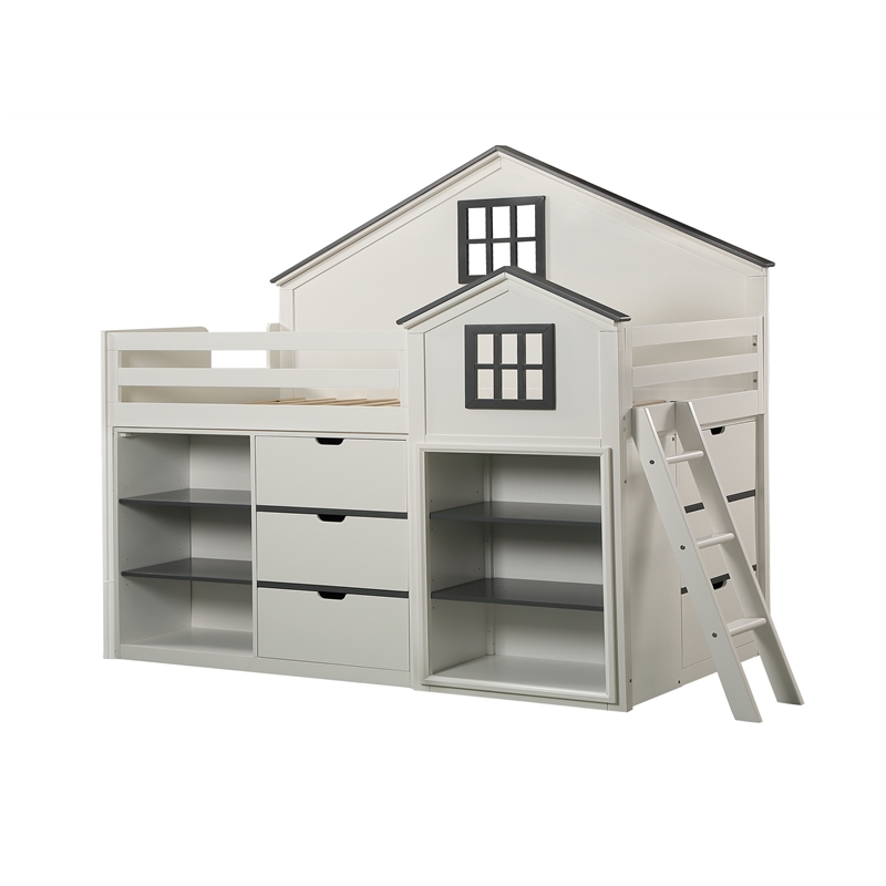 Bowery Hill 3-Drawer Wood Cabinet with Shelves in White and Gray