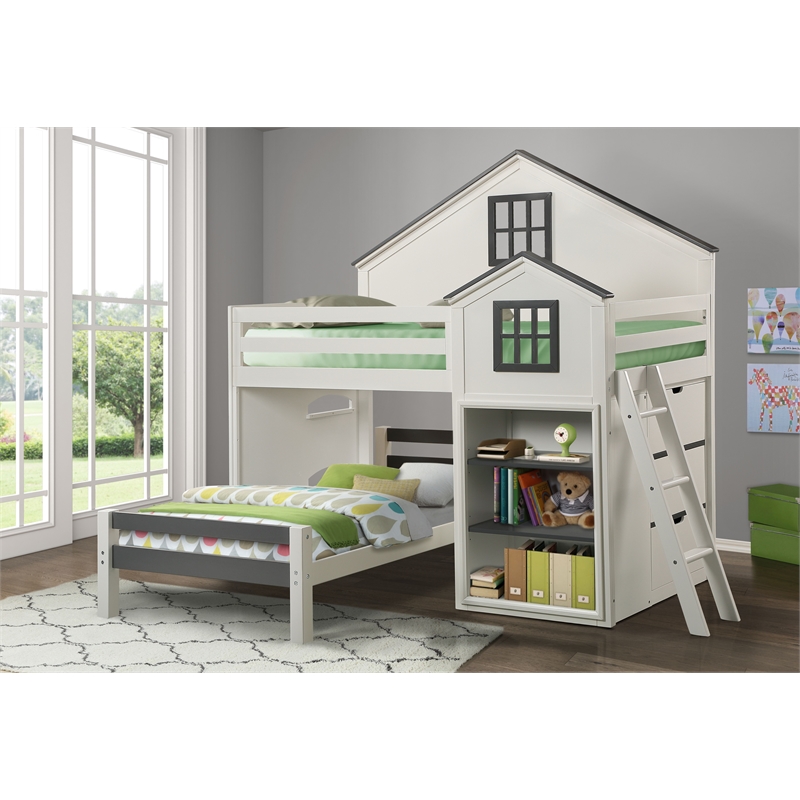 Bowery Hill 3-Drawer Wood Cabinet with Shelves in White and Gray