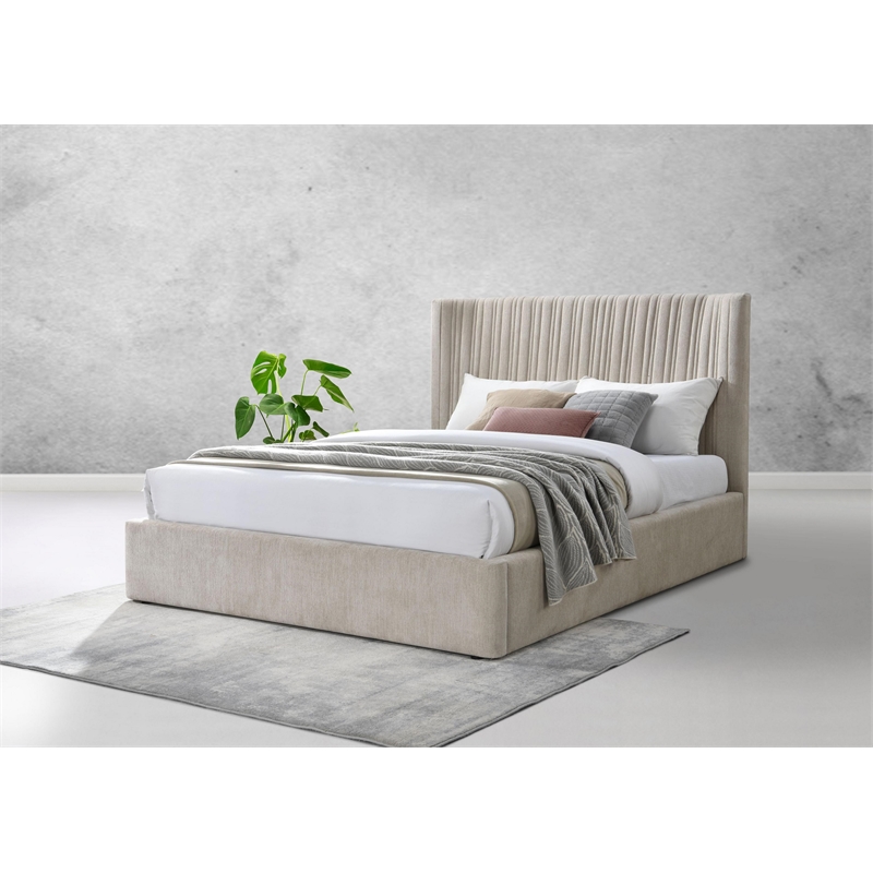 Bowery Hill Eastern King Bed Full Upholstered Wood Beige Linen