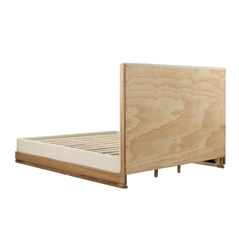 Bowery Hill Eastern King Bed with Beige Fabric and Oak Floating Base