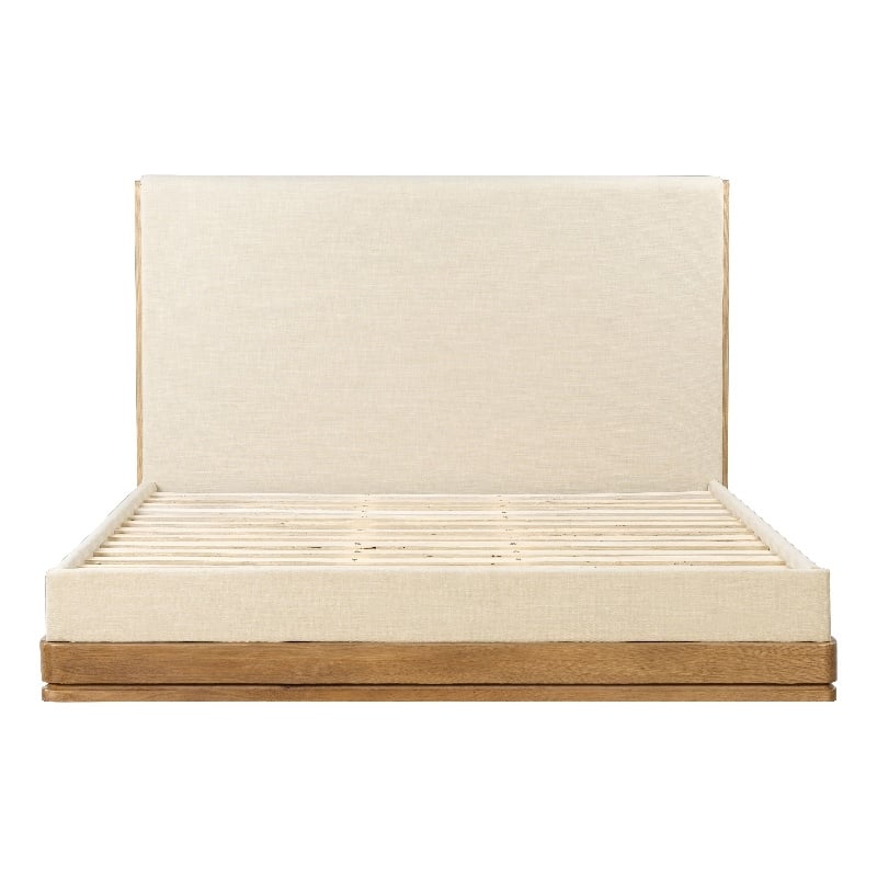 Bowery Hill Eastern King Bed with Beige Fabric and Oak Floating Base