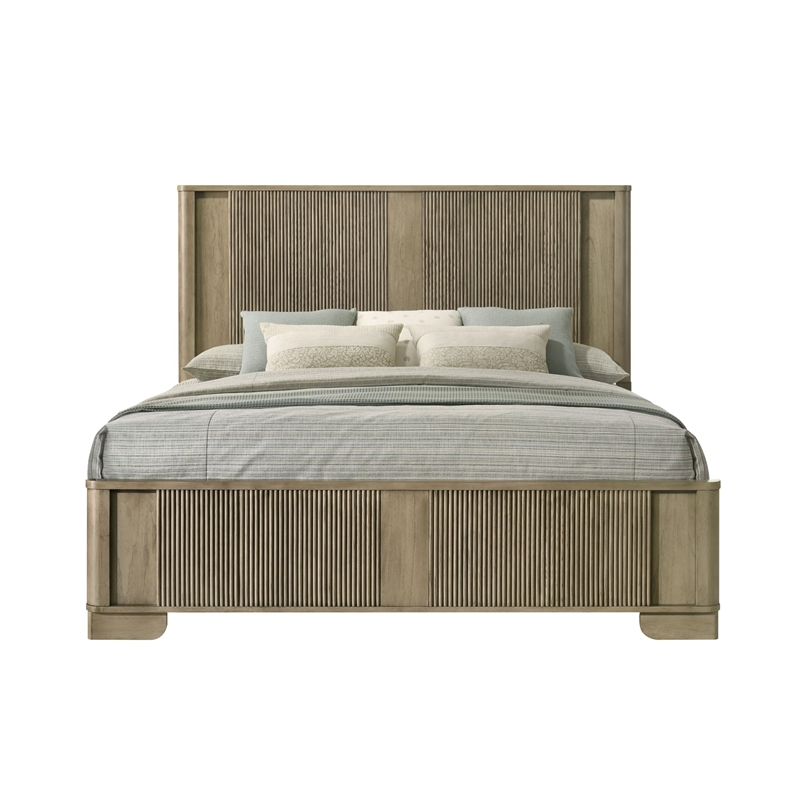 Bowery Hill Queen Bed with LED Headboard in Antique Oak and Grooved Panels