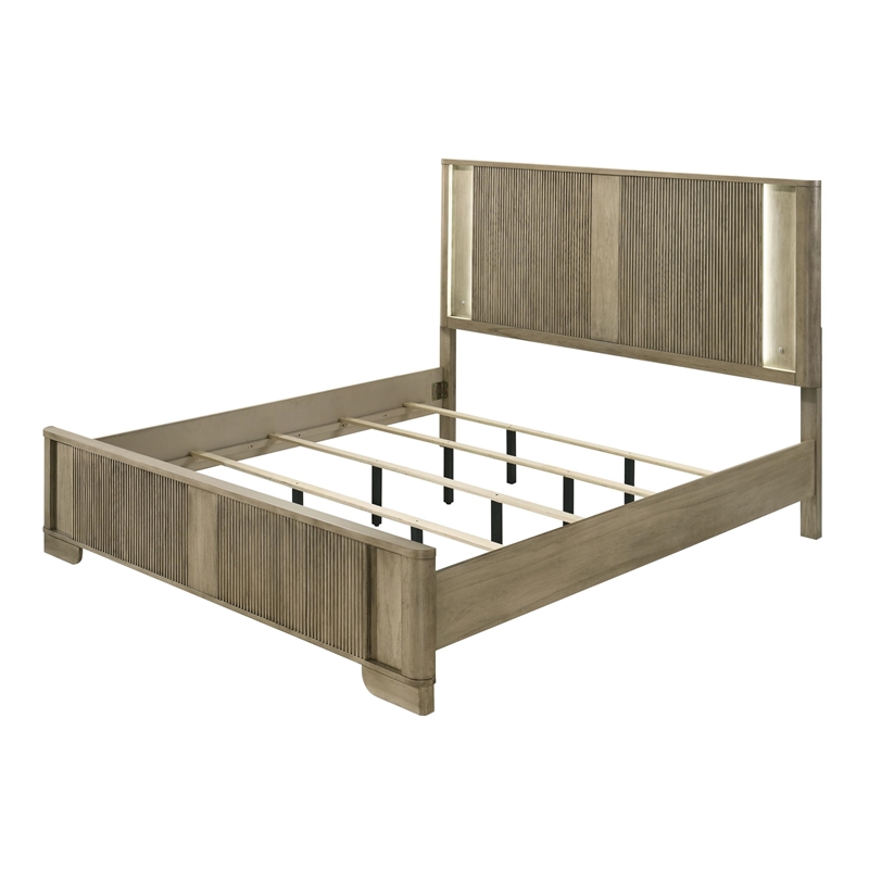 Bowery Hill Queen Bed with LED Headboard in Antique Oak and Grooved Panels