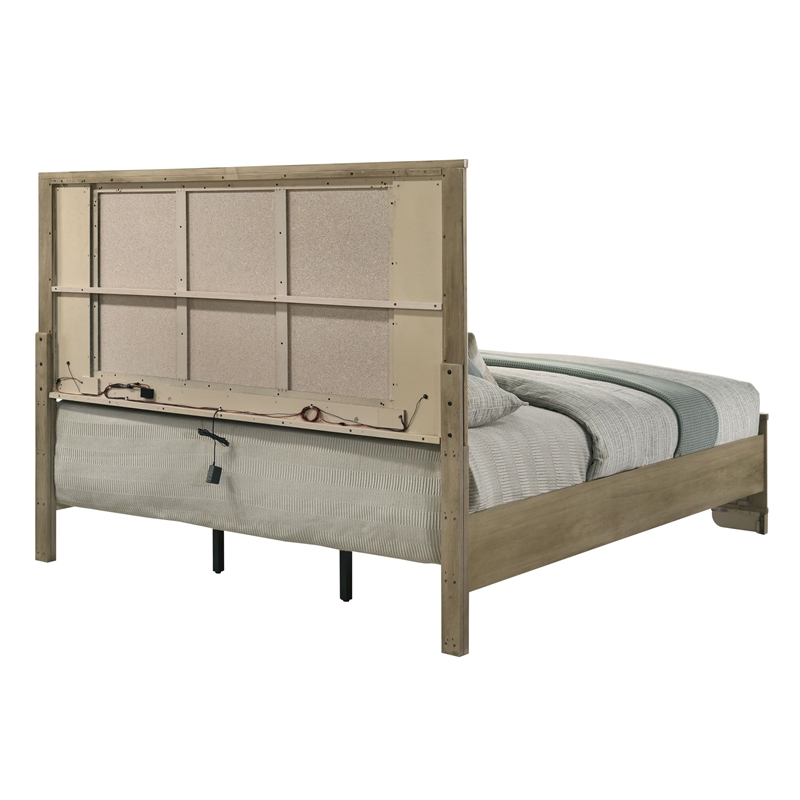 Bowery Hill Queen Bed with LED Headboard in Antique Oak and Grooved Panels