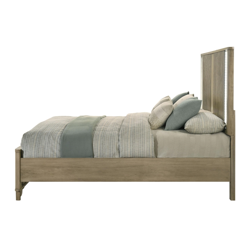 Bowery Hill Queen Bed with LED Headboard in Antique Oak and Grooved Panels