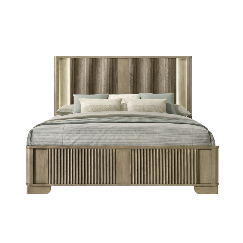 Bowery Hill Eastern King Bed with LED and Grooved Panels in Antique Oak