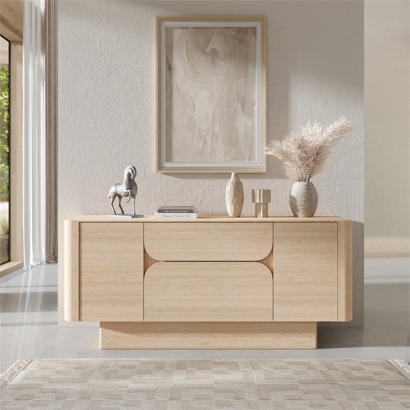 Bowery Hill Travertine Stone Server with Floating Base and Storage